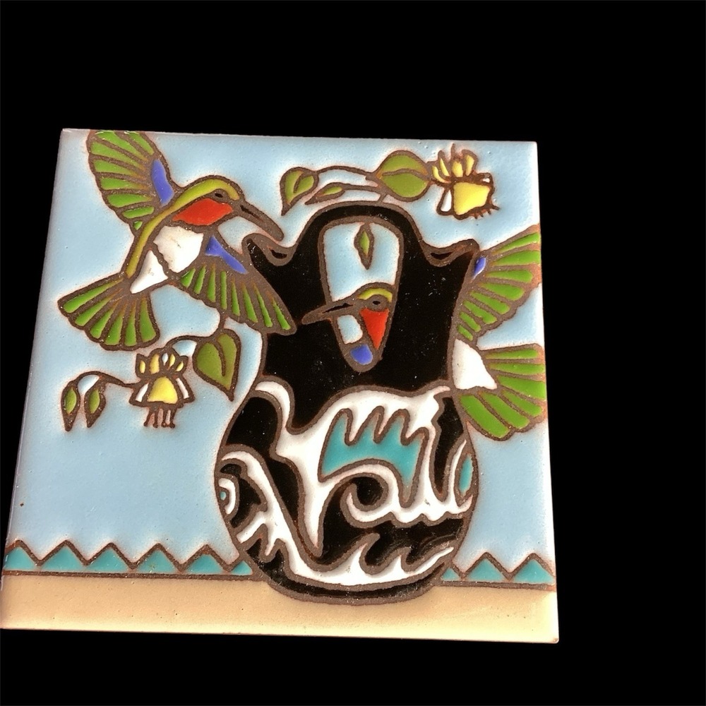 Earthtones Art Tile Trivet Coaster Hand Glazed Wall Hummingbird Flower Vase 4x4